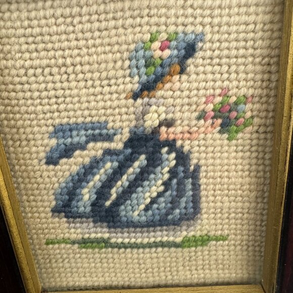 Vtg 1950s Needlepoint Art Girl in Blue Dress w Flowers w Gold Framed 7 in x 6 in - Picture 11 of 11